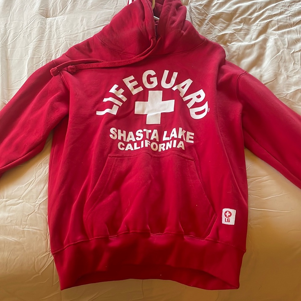 Lifeguard hoodie - Shasta Lake California - Red with white lettering - S